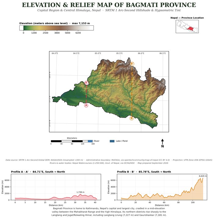 Elevation and relief map of Bagmati Province