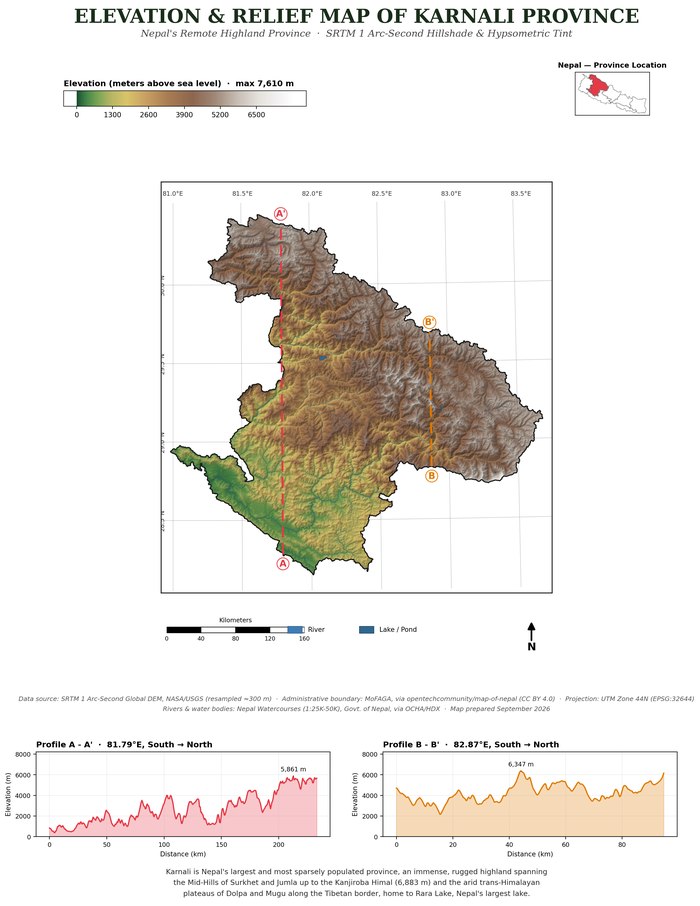 Elevation and relief map of Karnali Province