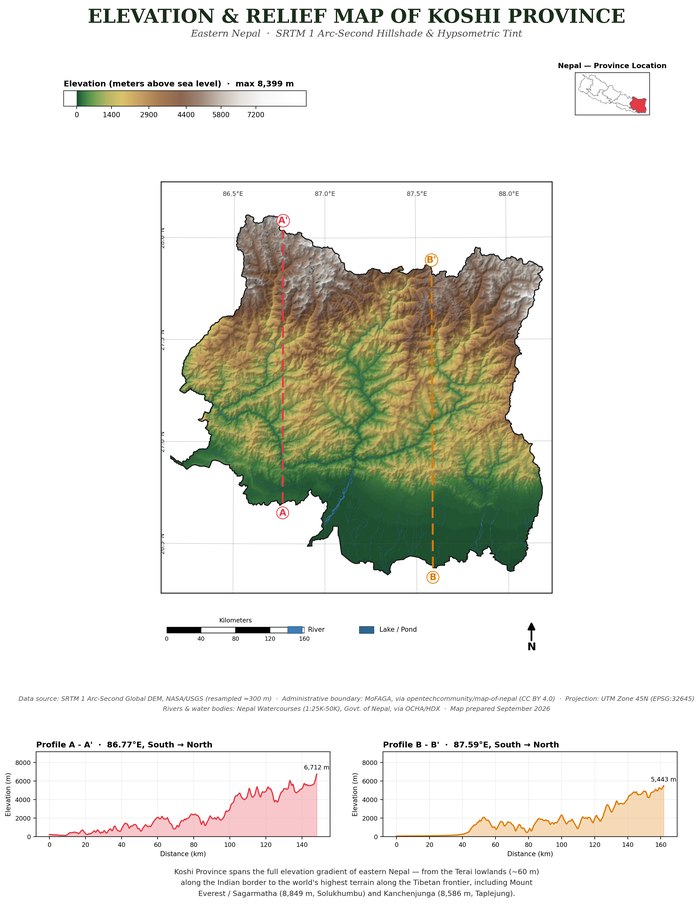 Elevation and relief map of Koshi Province