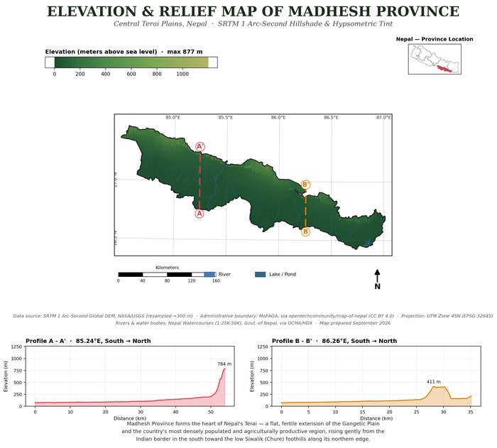 Elevation and relief map of Madhesh Province