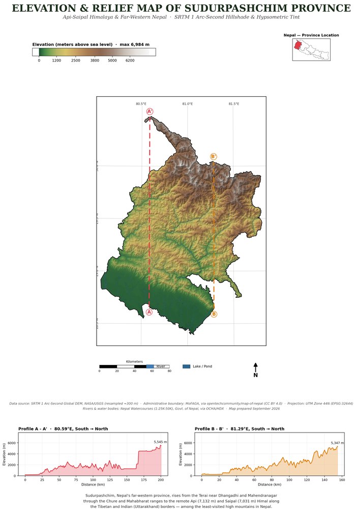 Elevation and relief map of Sudurpashchim Province